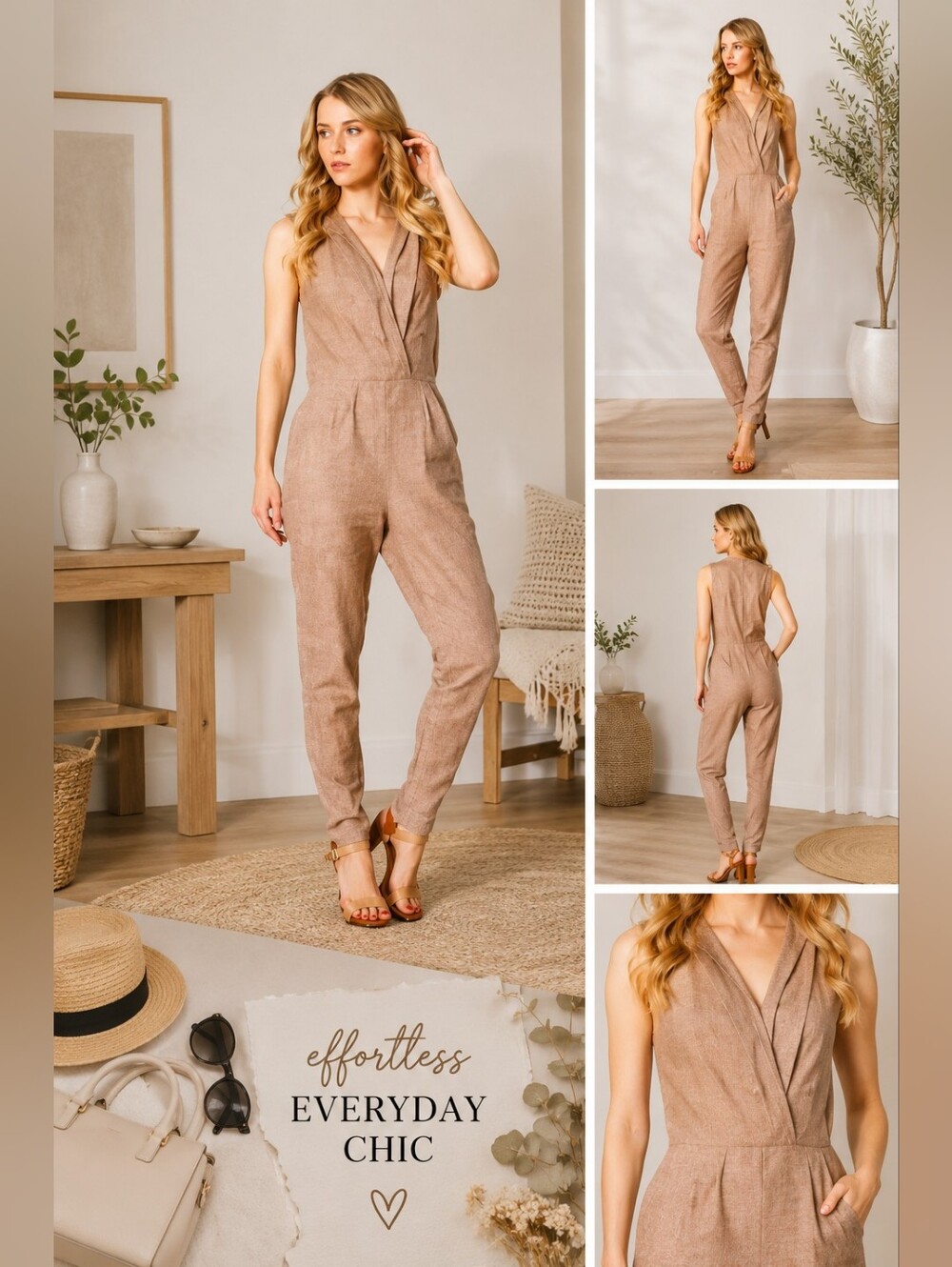 Zenana Tan Linen Blend Sleeveless Jumpsuit | Neutral Minimalist Chic | Size S
